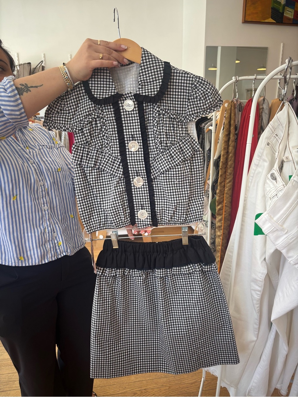 Miu Miu Black and White Checked Mini Skirt with Peplum Trim - Picture 3 of 5
